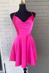 A Line Homecoming Dress Hot Girly pink Cowl Neck Lace Up Short Party Cocktail Dress