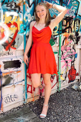 A Line Homecoming Dress Hot Girly pink Cowl Neck Lace Up Short Party Cocktail Dress