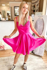 A Line Homecoming Dress Hot Girly pink Cowl Neck Lace Up Short Party Cocktail Dress