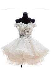 A Line Homecoming Dress Lace Organza Appliqued Off the Shoulder Short Party Cocktail Dress