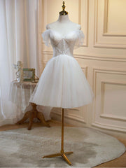 A Line Homecoming Dress Off Shoulder Mini Beige Short Party Cocktail Dress