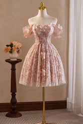 A Line Homecoming Dress Off Shoulder Pink Short Party Cocktail Dress