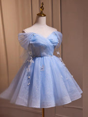 A Line Homecoming Dress Off Shoulder Tulle Blue Cute Short Party Cocktail Dress