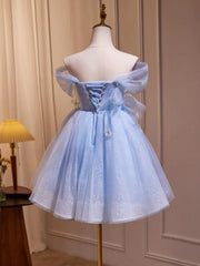 A Line Homecoming Dress Off Shoulder Tulle Blue Cute Short Party Cocktail Dress