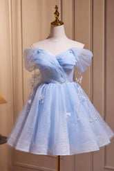 A Line Homecoming Dress Off Shoulder Tulle Blue Cute Short Party Cocktail Dress