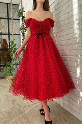 A Line Homecoming Dress Off Shoulder Tulle Burgundy Tea Length Short Party Cocktail Dress