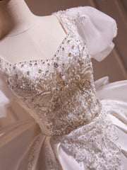 A Line Homecoming Dress Puff Sleeves Satin White Cocktail with BeadsShort Party Cocktail Dress
