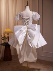 A Line Homecoming Dress Puff Sleeves Satin White Cocktail with BeadsShort Party Cocktail Dress