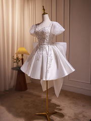 A Line Homecoming Dress Puff Sleeves Satin White Cocktail with BeadsShort Party Cocktail Dress