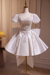 A Line Homecoming Dress Puff Sleeves Satin White Cocktail with BeadsShort Party Cocktail Dress