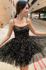A Line Homecoming Dress Shoulder straps Lace up Black Tulle Short Party Cocktail Dress