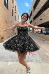 A Line Homecoming Dress Shoulder straps Lace up Black Tulle Short Party Cocktail Dress