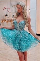 A Line Homecoming Dress Shoulder straps with Delicate AppliquesShort Party Cocktail Dress