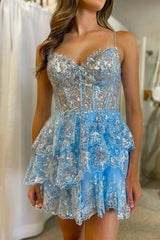 A Line Homecoming Dress Sky Blue Sequin Multi Layers Short Party Cocktail Dress