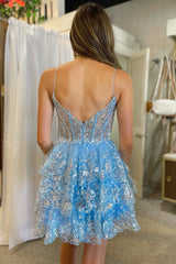 A Line Homecoming Dress Sky Blue Sequin Multi Layers Short Party Cocktail Dress