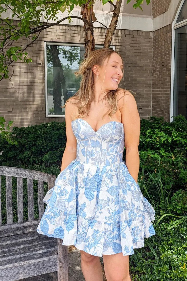 A Line Homecoming Dress Strapless Blue Satin with Pockets Short Party Cocktail Dress