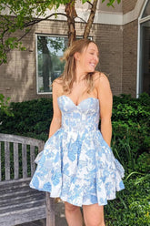 A Line Homecoming Dress Strapless Blue Satin with Pockets Short Party Cocktail Dress