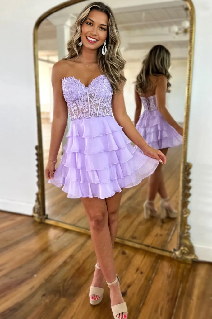 A Line Homecoming Dress Strapless Tiered Corset with Delicate Appliques Short Party Cocktail Dress