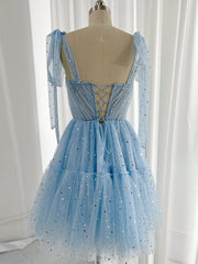 A Line Homecoming Dress Sweetheart Neck Tulle Blue Short Party Cocktail Dress