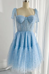 A Line Homecoming Dress Sweetheart Neck Tulle Blue Short Party Cocktail Dress