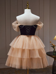 A Line Homecoming Dress Sweetheart Neck Tulle Champagne Short Party Cocktail Dress