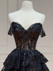 A Line Homecoming Dress Tulle Sequin Black Short Party Cocktail Dress
