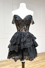 A Line Homecoming Dress Tulle Sequin Black Short Party Cocktail Dress