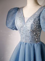 A Line Homecoming Dress V Neck Blue with SequinShort Party Cocktail Dress