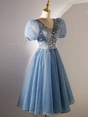 A Line Homecoming Dress V Neck Blue with SequinShort Party Cocktail Dress