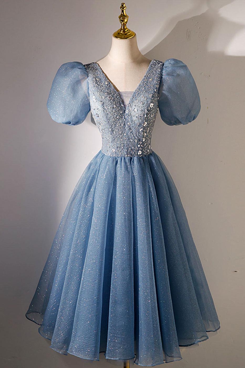 A Line Homecoming Dress V Neck Blue with SequinShort Party Cocktail Dress