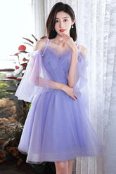 A Line Homecoming Dress V Neck Tulle Purple Short Party Cocktail Dress