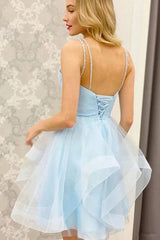 A Line Homecoming Dress V neck Light Blue Short Party Cocktail Dress