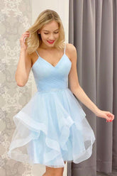 A Line Homecoming Dress V neck Light Blue Short Party Cocktail Dress