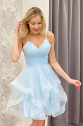 A Line Homecoming Dress V neck Light Blue Short Party Cocktail Dress
