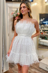 A Line Homecoming Dress White Polka Dot Strapless Ruffle Short Party Cocktail Dress