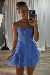 A Line Homecoming Dresses Blue Tulle Sweetheart Tiered Cocktail Dresses