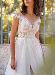 A Line Illusion Neck Lace Tulle Wedding Dress With Appliques Lace