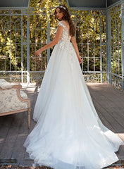 A Line Illusion Neck Lace Tulle Wedding Dress With Appliques Lace