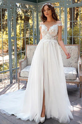 A Line Illusion Neck Lace Tulle Wedding Dress With Appliques Lace