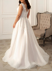 A Line Illusion Neck Sleeveless Sweep Train Lace Wedding Dress for Plus Size