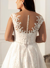 A Line Illusion Neck Sleeveless Sweep Train Lace Wedding Dress for Plus Size