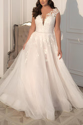 A Line Illusion Neck Sleeveless Sweep Train Lace Wedding Dress for Plus Size