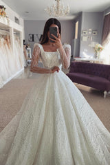 A Line Lace Off The Shoulder Long Sleeve White Wedding Dress Bridal Gown With Ruffles