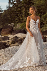 A Line Lace Spaghetti Straps Sleeveless White Wedding Dress Bridal Gown With Appliques