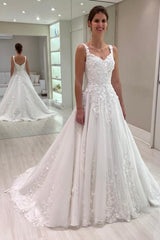 A Line Lace Sweetheart Sleeveless White Wedding Dress Long Bridal Gown With Appliques