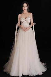 A Line Light Champagne Prom Dress Tulle Beaded Long Formal Gown Evening Dress