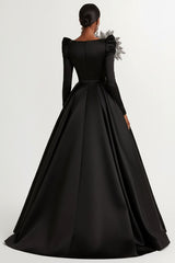 Dressystars A-Line Long Black Wedding Guest Dress Satin Boat Neck Formal Dress With Long Sleeves