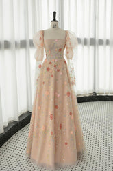 A Line Long Sleeve Champagne Pink Prom Dress Sequin Beaded Formal Gown Evening Dress