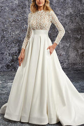 A Line Long Sleeves Court Train Lace/Satin Wedding Dress With Pockets