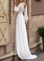 A Line Long Sleeves Sweep Train Chiffon Wedding Dress With Lace